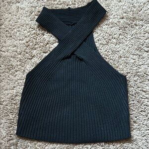 Black Ribbed Cross Halter Top